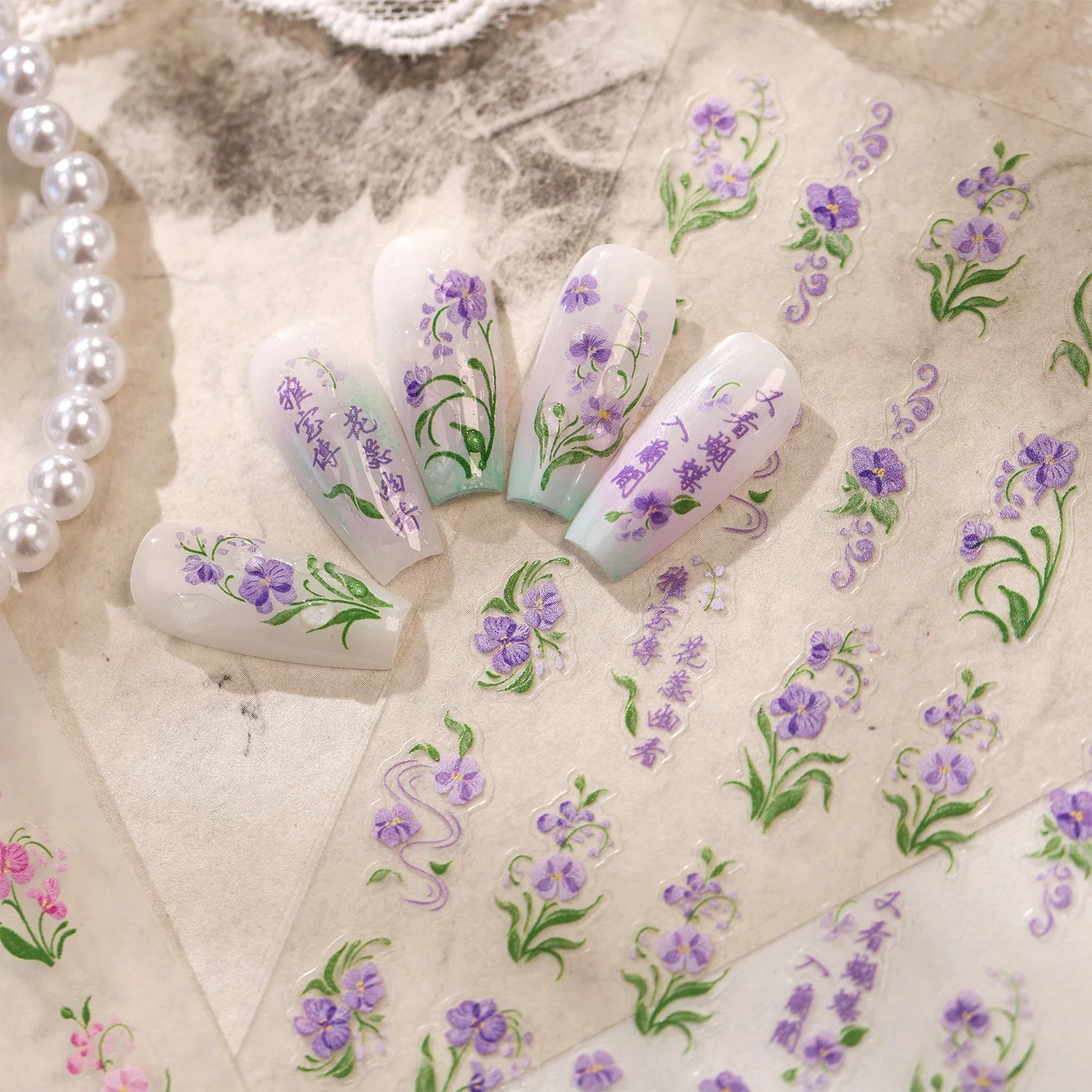 Classical Chinese Purple Phalaenopsis Branch Curly Scroll Pattern Traditional Calligraphy 5D Nail Art Stickers Manicure Decals