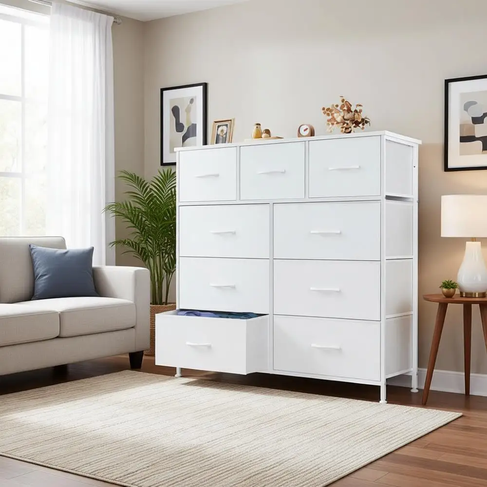 

Wide Fabric Chest Organizer with Wood Top for Bedroom, Closet, Living Room, and More in Bright White