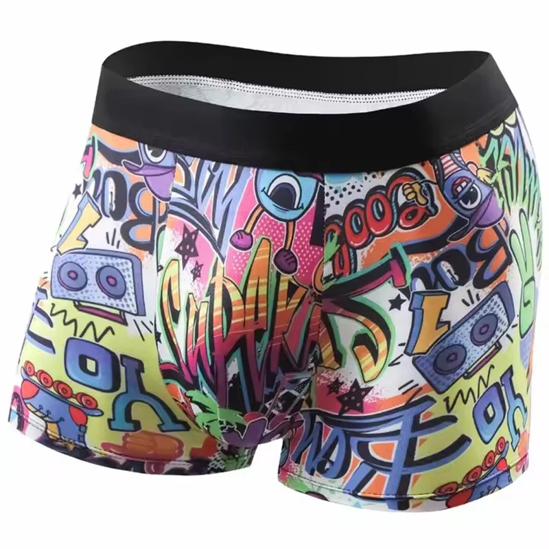 5 Stück zufällige atmungsaktive Herren-Boxershorts mit bunten Graffiti-Mustern, elastischem Bund, trendige und modische Unterwäsche – Detail 3