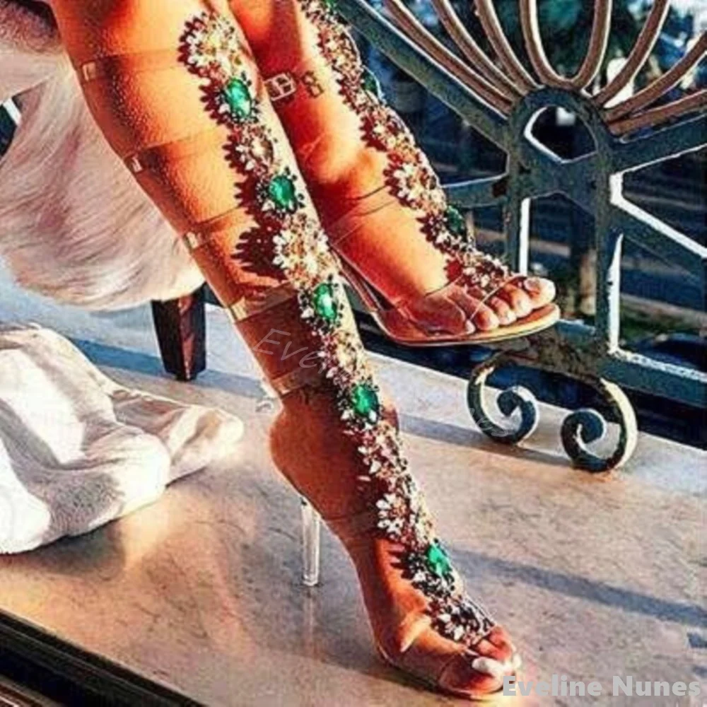 

Luxurious Gemstone Rhinestone Knee-High Sandals Women Peep Toe Stiletto Heel Transparent Belt Buckle Sandals 2025 New Sandals