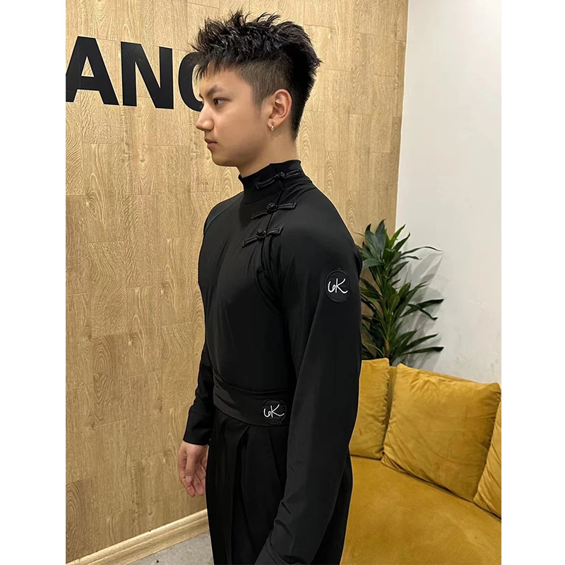 Men Latin Dance Clothes Long Sleeves White Black Tops National Standard Dance Performance Wear Rumba Ballroom Dance Tops NV21951