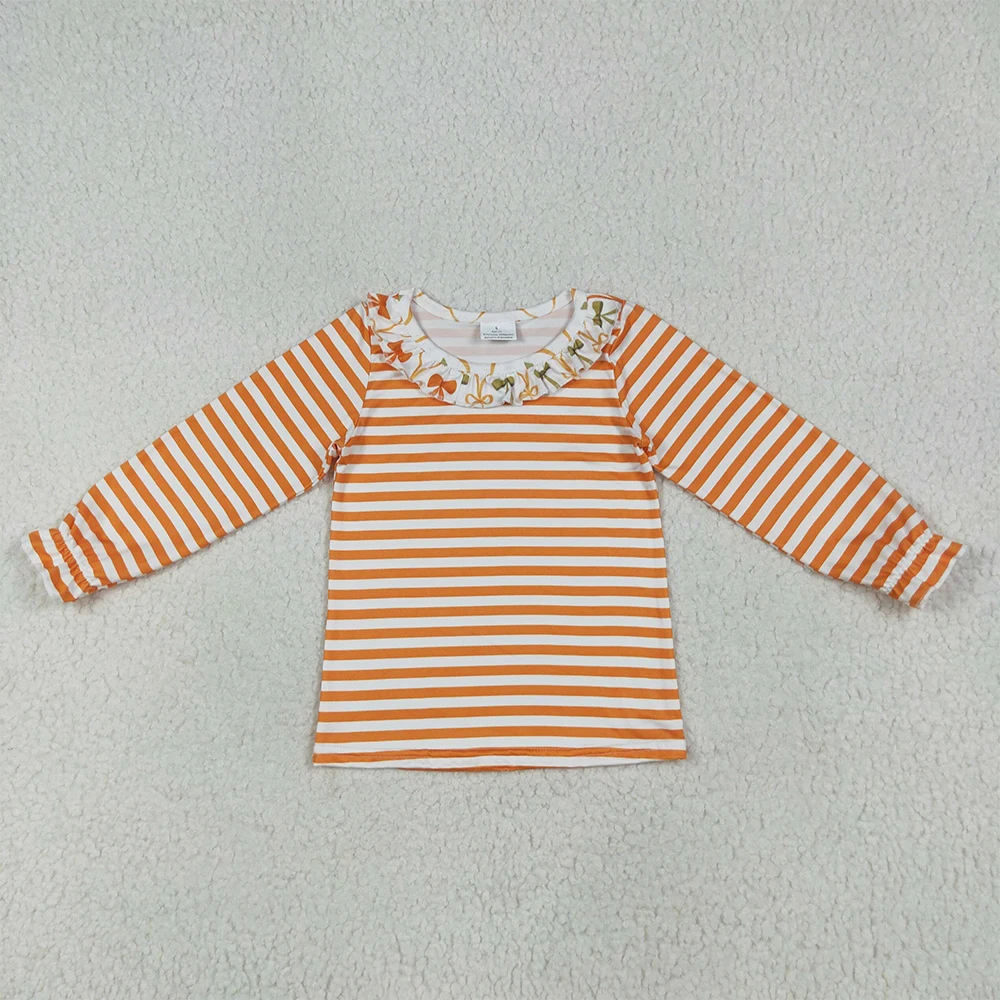 

Baby Girls Long Sleeve Ruffle Striped Tee with Orange Bow Detail Cute Tops for Kids Perfect for Fall Shirt