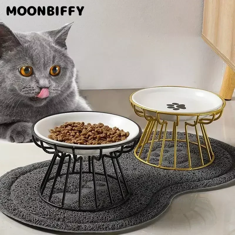 

Ceramic Pet Bowl Cat Food Feeding Double Dish Stainless Steel Raised Stand Kitten Dog Water Feeder Durable Pet Accessories