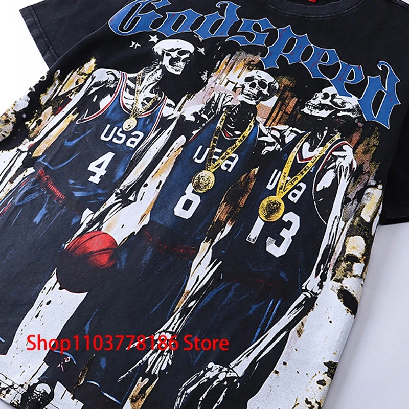 Godspeed T-shirt Basketball Skull Hip Hop Vintage Short Sleeve Real Picture Tees Men Women Fashion Sweatshirt Loose Tops