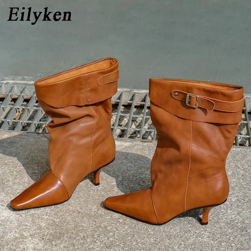 Eilyken Spring Autumn Pointed Toe Women Ankle Boot Designer Sewing Splicing Turned-over Edge Thin Low Heels Shoes