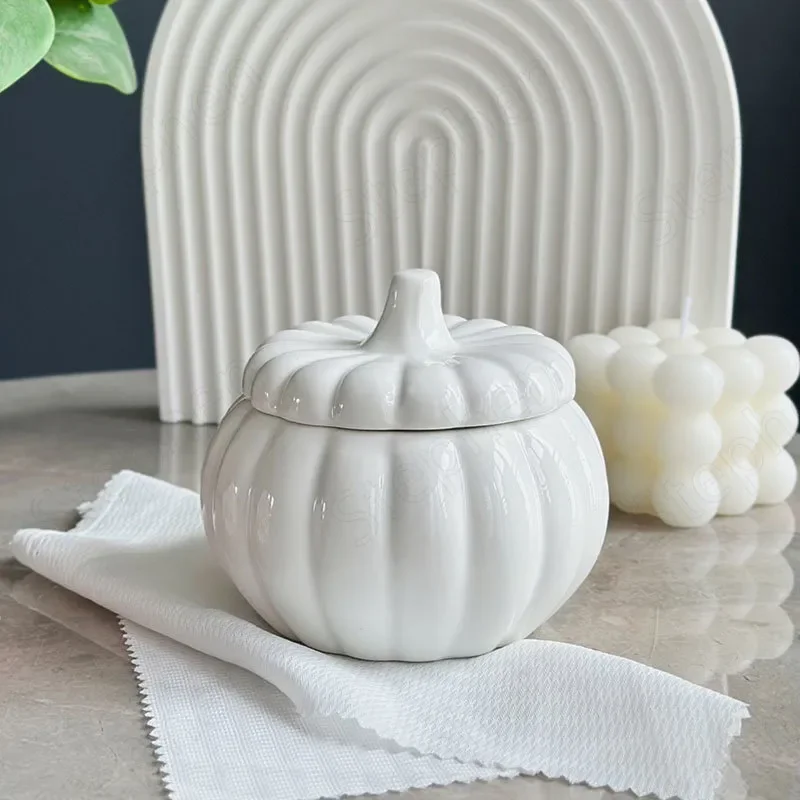 

Nordic Modern White Pumpkin Storage Jars with Lid Creative Pumpkin Shape Candy Snack Jar Halloween Candle Holder Home Decoration