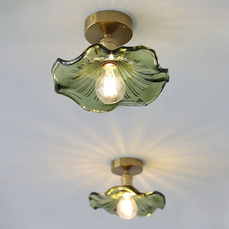 

Modern Retro Green Lotus Leaf Ceiling Light Nordic Minimalist Restaurant Bar Counter Aisle Brass Glass Lighting Fixture