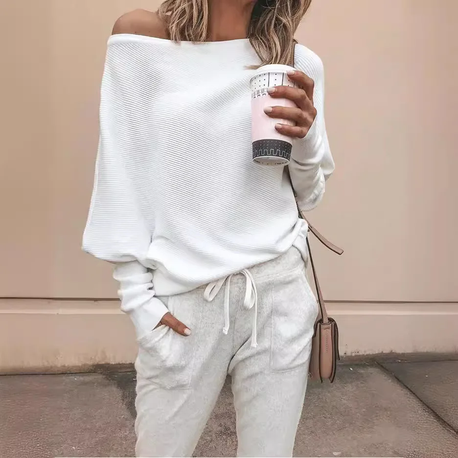 2025 ملابس نسائية جديدة الخريف والشتاء الخفافيش بأكمام طويلة كلمة واحدة تي شيرت بياقة أعلى الأوروبية والأمريكية #4