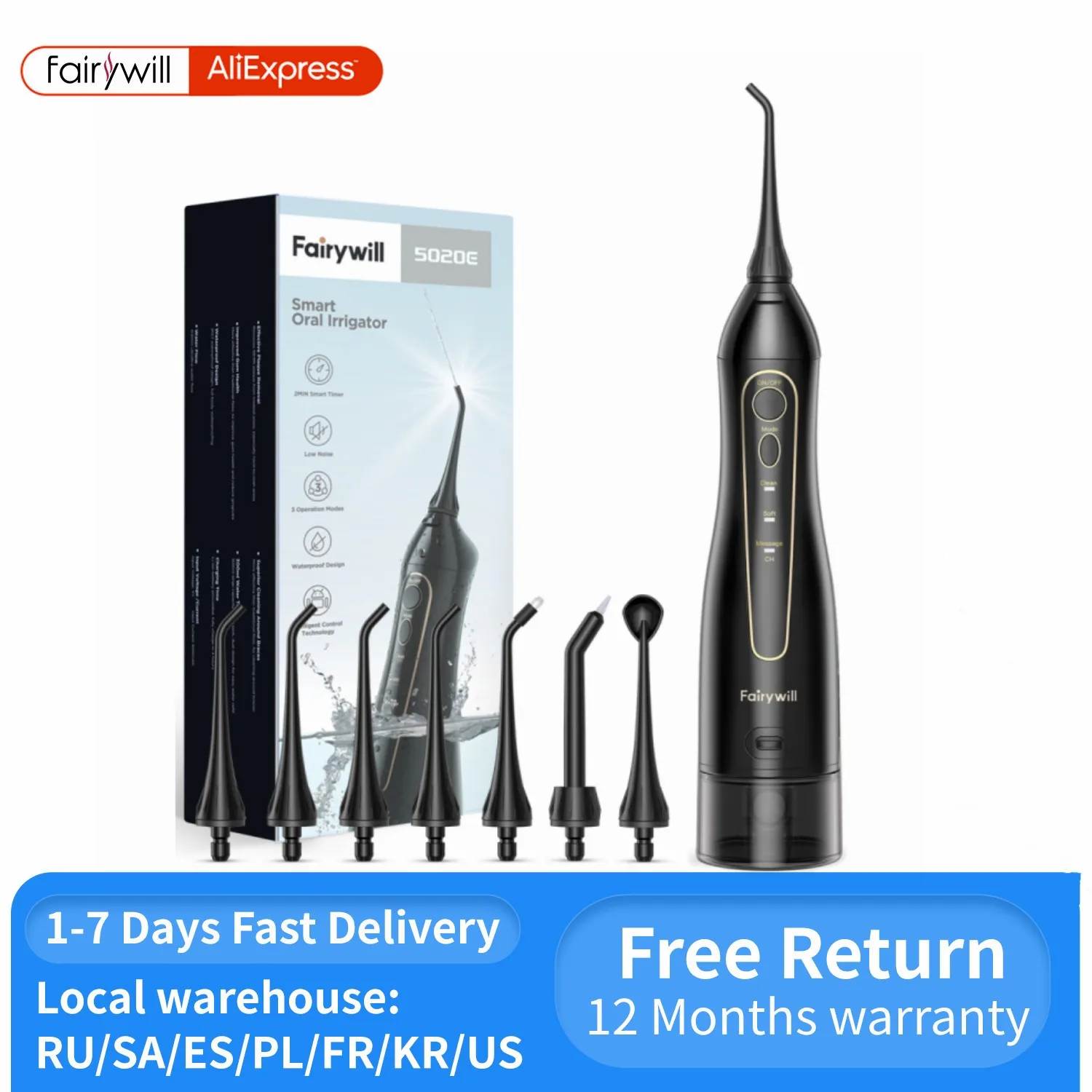 Fairywill Water Flossers for Teeth 300ML Oral Irrigator Rechargeable Portable Dental 3 Modes Water Tank Waterproof Teeth Cleaner