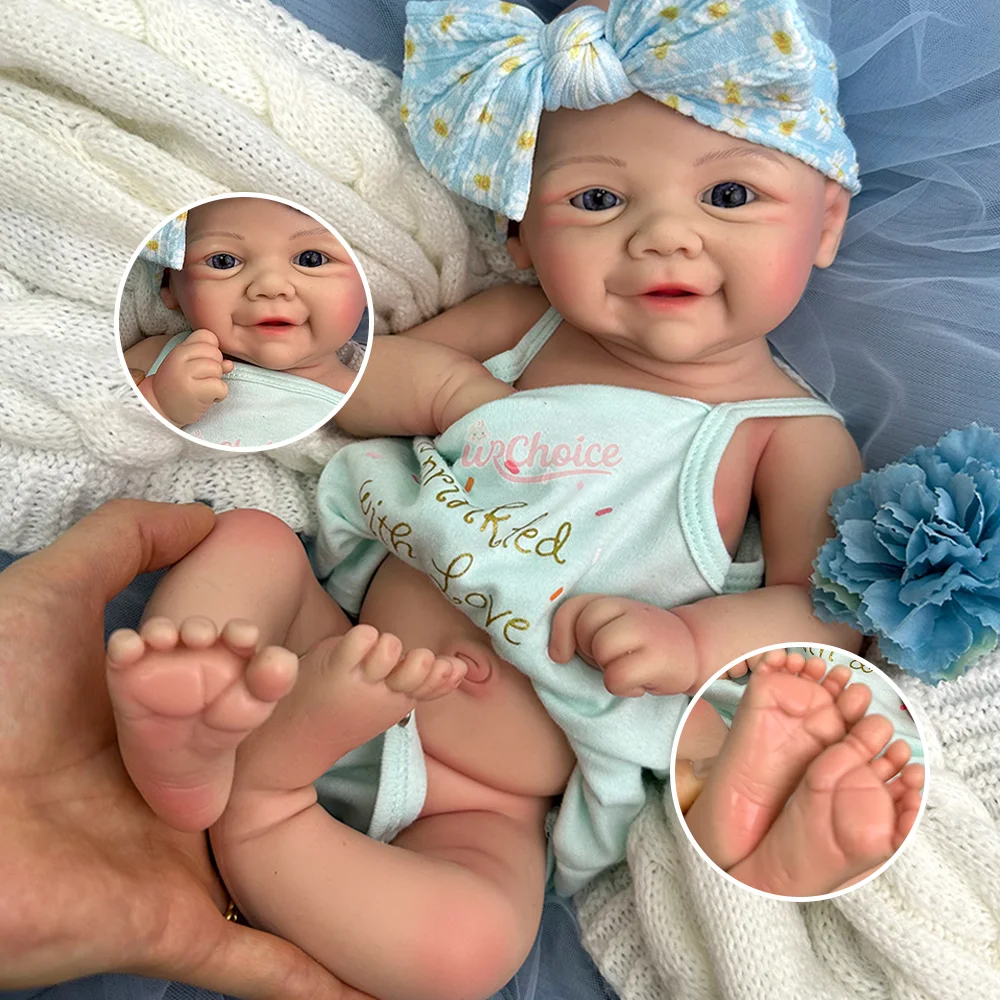 Blue Eyes 17" Silikon-Reborn-Babypuppe, süßes Lächeln, Mädchen und Junge, realistische 6 Pfund gewichtete Neugeborene Puppe als Geschenk für Sammler
