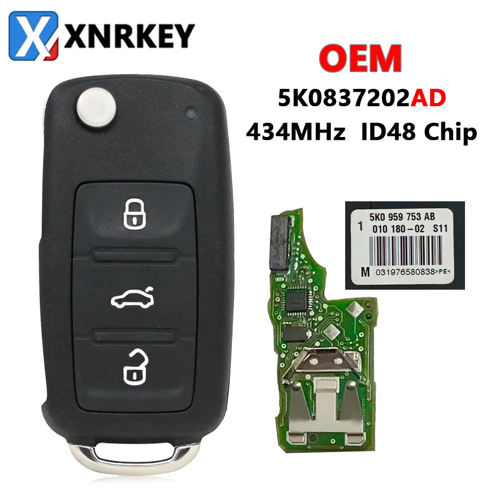 XNRKEY OEM Flip Remote Car Key ID48 433Mhz for VW Volkswagen Beetle Caddy Eos Golf Jetta Polo Scirocco Tiguan Touran 5K0837202AD