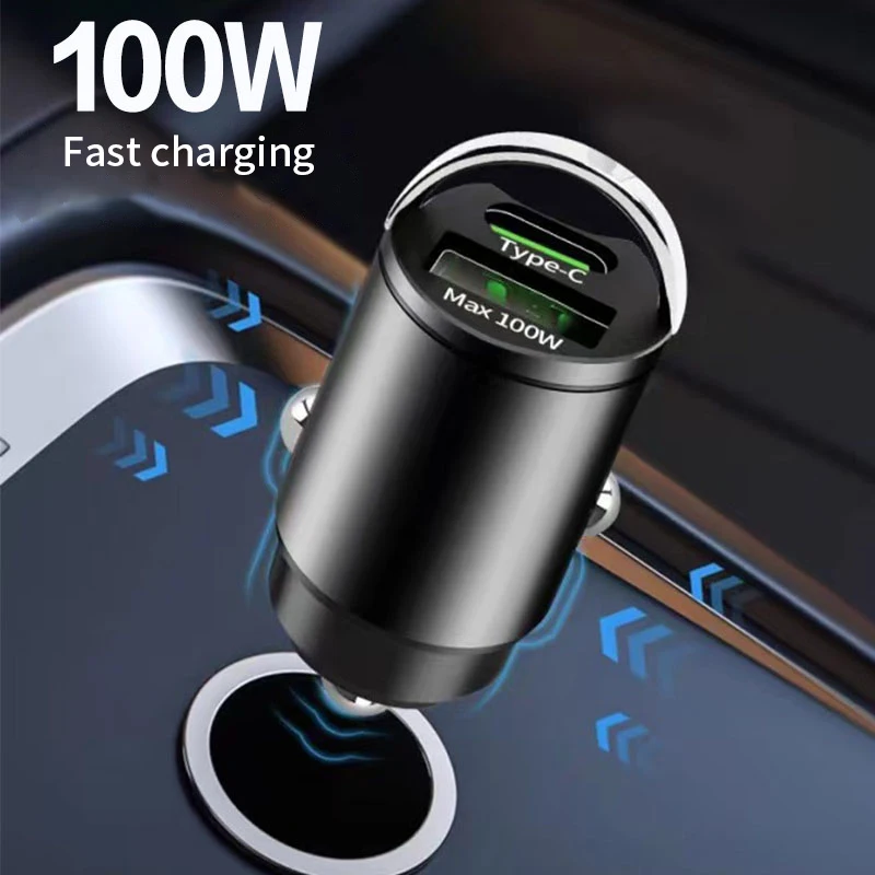 100W Mini Car Charger Lighter Fast Charging for iPhone QC3.0 Mini PD USB Type C Car Phone Charger for Xiaomi Samsung Huawei