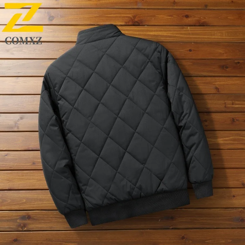 COMXZ Men Padded Jacket Baseball Collar Fleece Lined Plaid Parkas Winter Trendy Quilted Lightweight Casual Daily Outerwear 2025