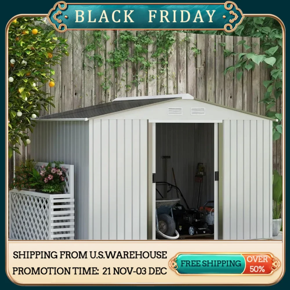 9 'x 6' outdoor storage shed, gardening tool room with basic kit,4 ventilation openings, and 2 for backyard, terrace, and garage