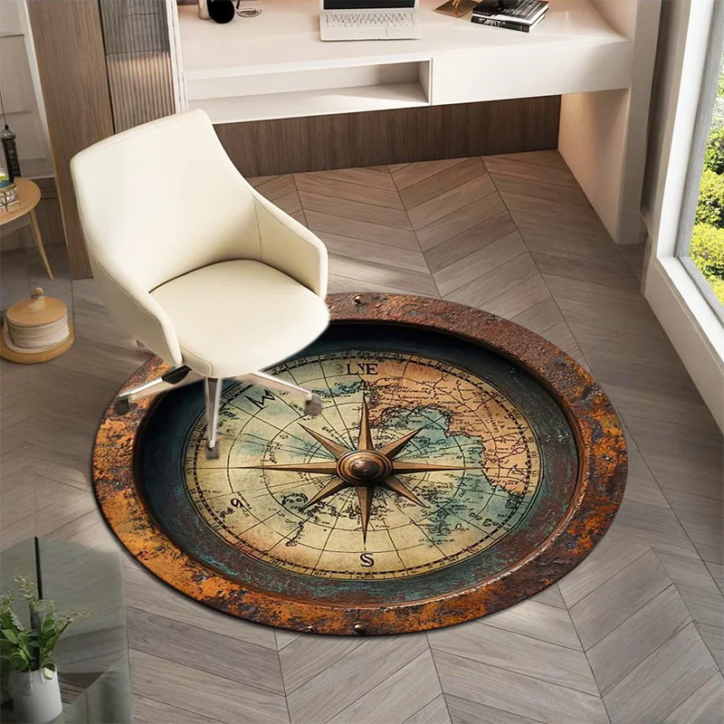 Vintage World Map Rug Round Antique Global Compass Floor Mat Nautical Style Rustic Decor Industrial Accent Area Carpet Home Deco
