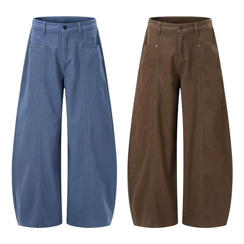 American High Street French Blue Curved Cargo Pants Women Autumn Winter 3D Seam Loose Profile Casual Trousers