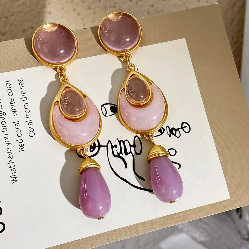 women antique pink crystal contrasting color earrings retro water drop dangle earrings