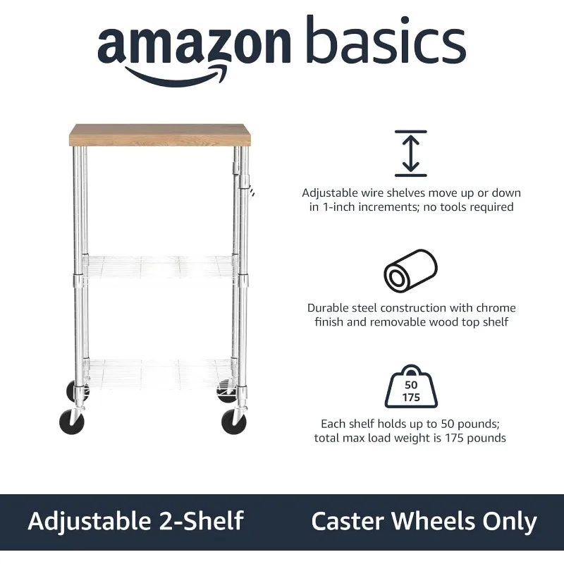 Portable Kitchen Storage Rack on Caster Wheels with Adjustable Shelves, 175 Pound Capacity, 21 x 15 x 36.7 inches