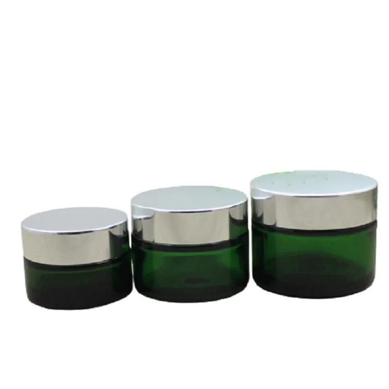 20g 30g 50g Empty Glass Cream Jar Green Eye Cream Jars Pot Body Care Cosmetics Face Cream Container with Bright Silver Lid 15pcs