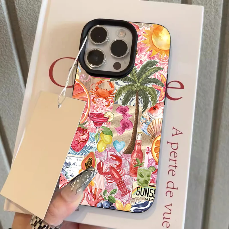 Capa de Telefone com Padrão de Colagem de Festa na Praia de Verão e Textura de Lichia para iPhone 11 12 13 14 15 16 17 18 Pro Max 15 Plus 17Air, Capa Macia