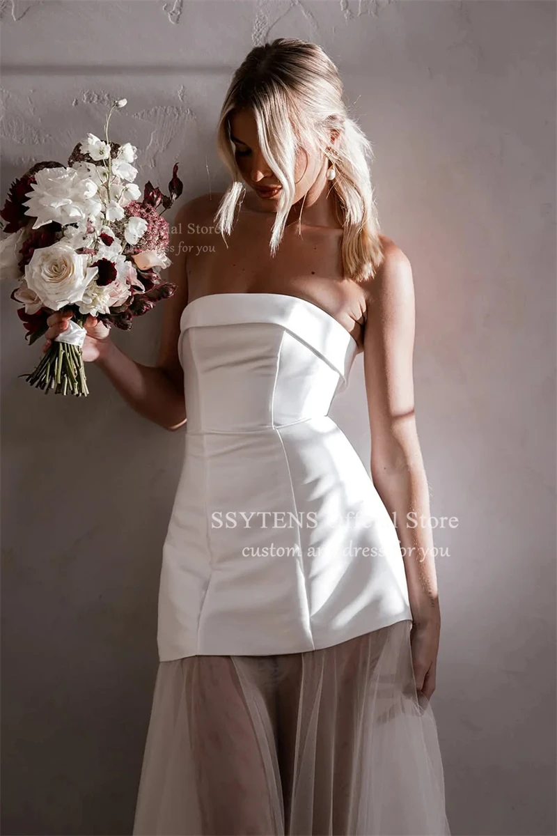 SSYTENS Elfenbein-Satin, kurze Brautkleider, trägerlos, Spitze, A-Linie, formelle Ballkleider, ärmellos, sexy Brautkleid für Damen, individuell gestaltet