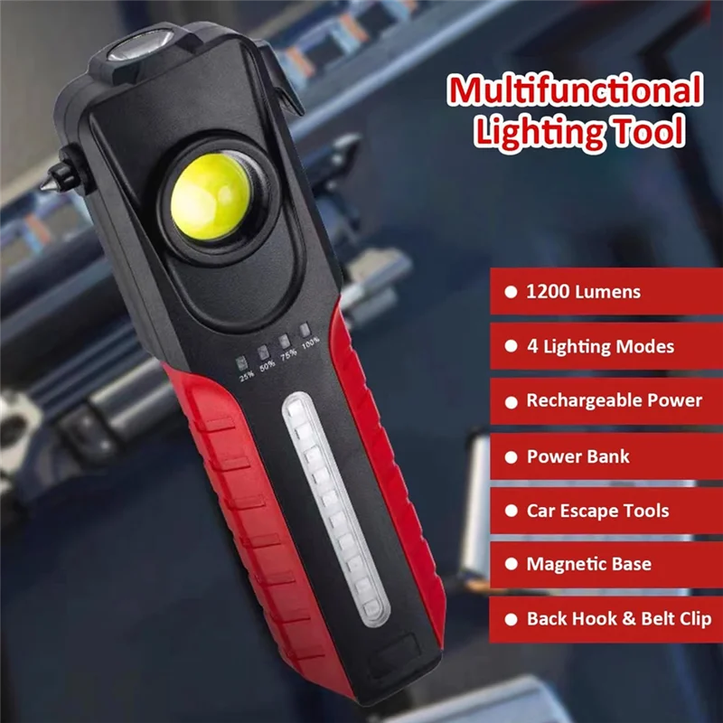 ABFN-Multifunctional LED COB Flashlight With Window Breaker,1200 Lumens Magnet Outdoor Handheld Emergency Working Light