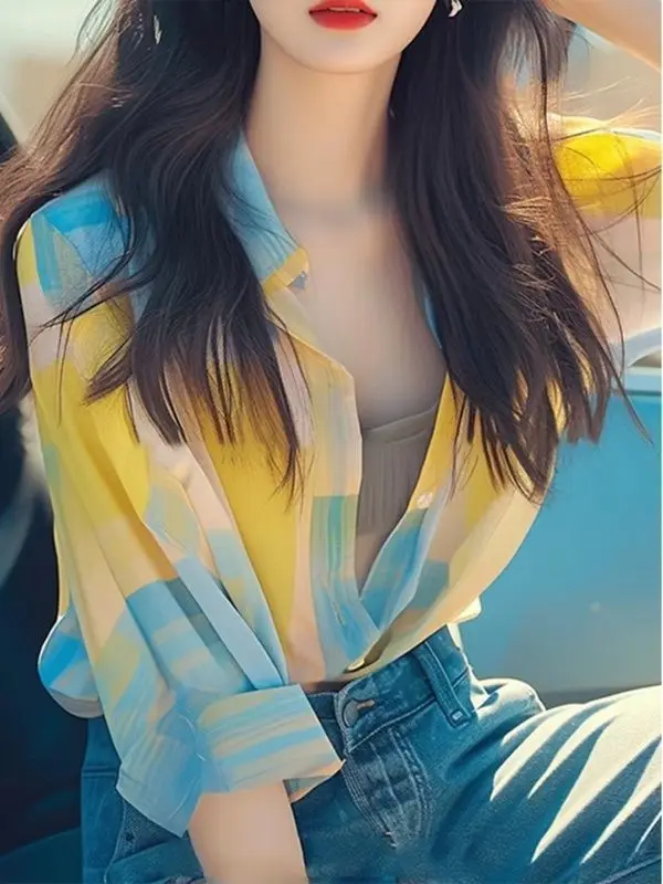 Il top unico ed elegante sembra una fantastica camicia gialla con protezione solare, nuovo stile estivo da donna