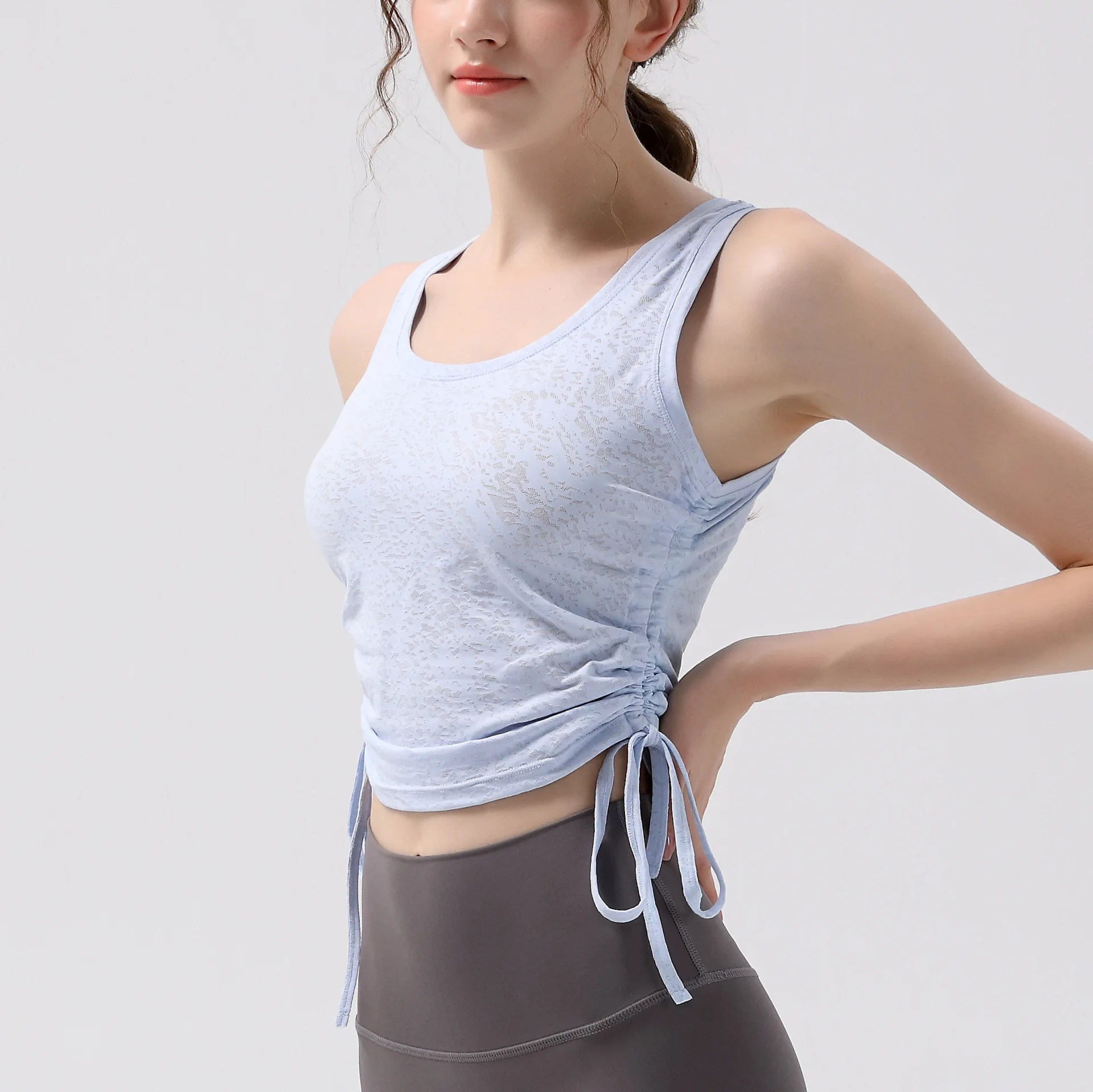 Women's drawstring sports vest,Jacquard thin slim sleeveless Pilates slim top running training fitness Yoga Wear