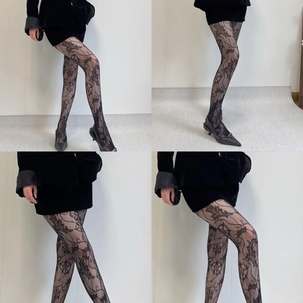 

L5YC Women Mesh Tights Vintage Floral Vine Patterned Lace Pantyhose Stockings