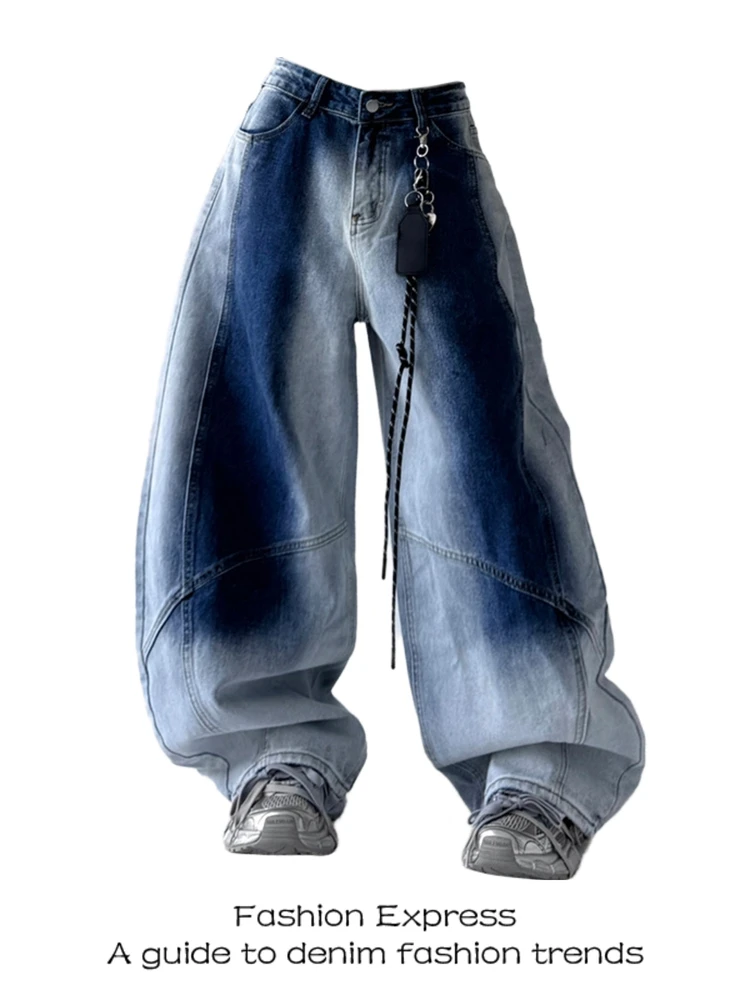 

Retro American Style High Waist Wide Leg Jeans Women's Design Sense Slimming Loose Fit Gradient Washed Denim Casual Cotton