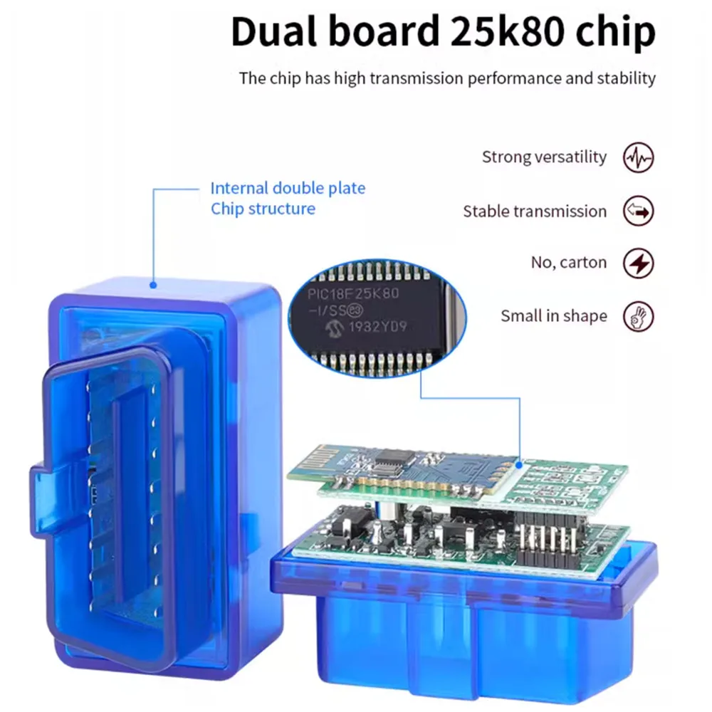 A+++ Quality ELM327 V1.5 Diagnostic Interface PIC18F25K80 2PCB Android / Symbian / PC All OBD2 Car Protocol Bluetooth-Compatible