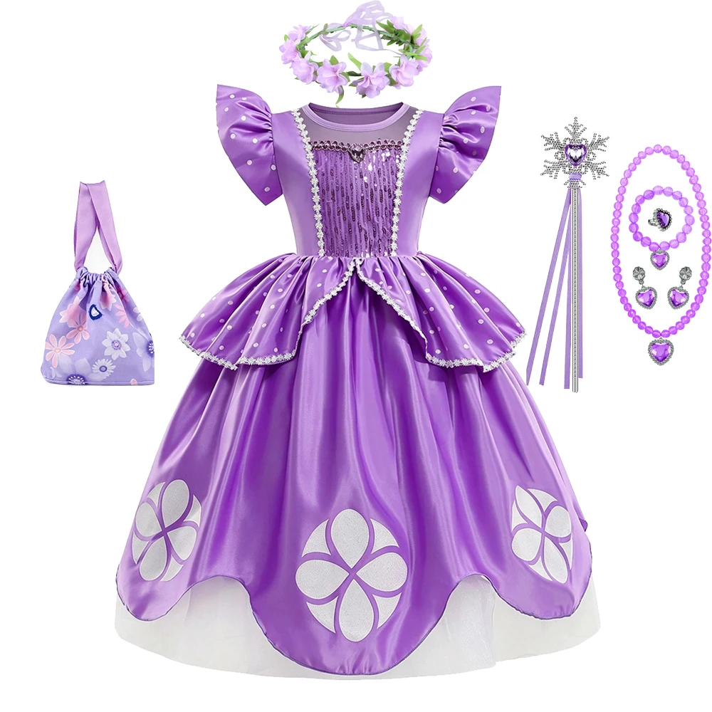 Sofia Costume Girl Kids Purple Princess Short Sleeve Dress with Flower Wreath Crown Necklace Wand for Girls Party Cosplay - view 6