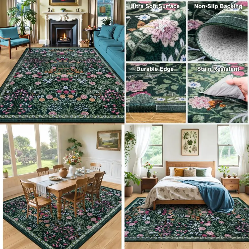 Large Floral Boho Rugs, Washable & Stain Resistant, Soft Non-Slip Area Rugs for Living Room, Vintage Style Low Pile Carpets
