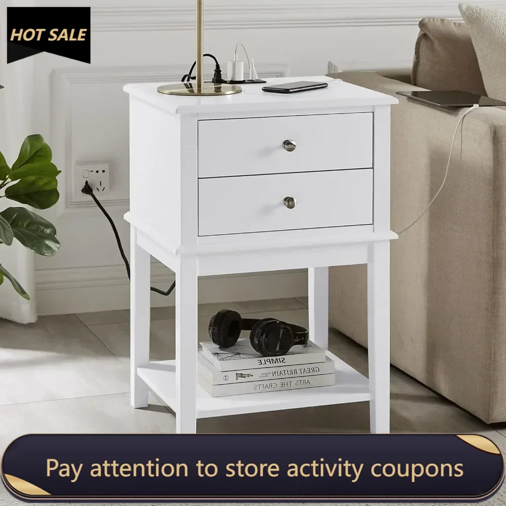 

Tall Bed Side Table With 2 Drawers for Living Room Home Office White Nightstand With Charging Station and USB Ports End Tables