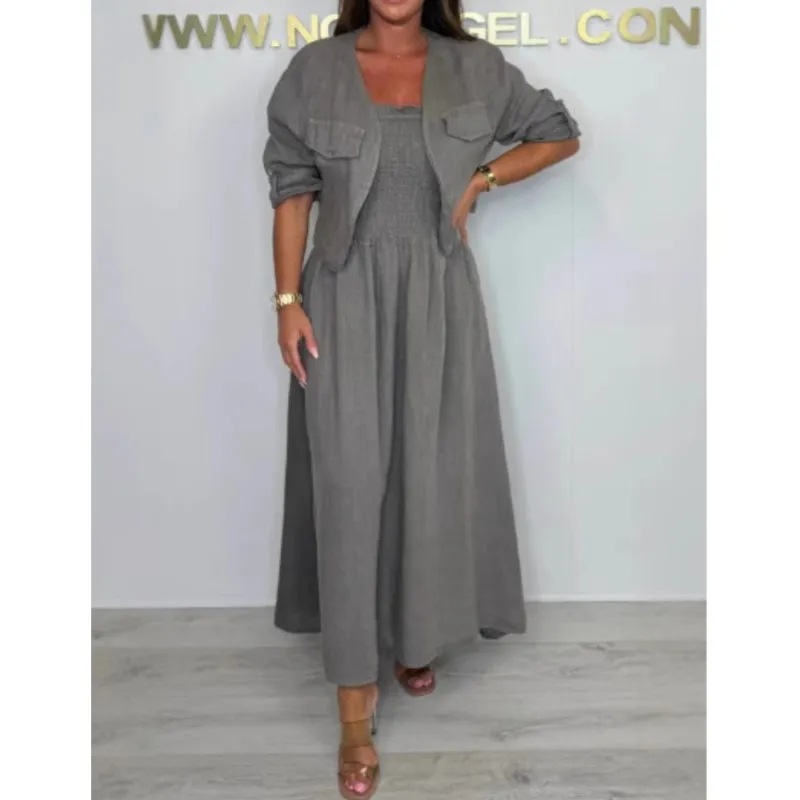 

Весенне-летний винтажный костюм из 2 предметов: женский комплект с длинным рукавом, однобортной короткой верхней одеждой и длинным платьем-майкой.