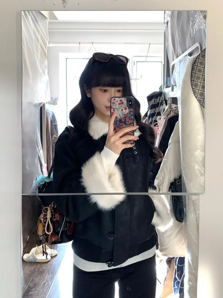 

Кожаное пальто с воротником из искусственного меха для женщин, зимнее, экологичное, в стиле Color Block, дизайнерское