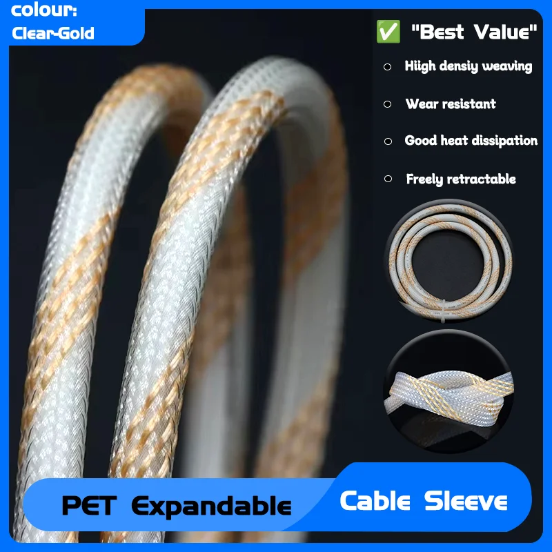 

High Density Sleeving Snake Skin Cable Wrap Sheath For Electric Cables 1~50m PET Braid Sleeve Clear Gold 2/4/6/8/10/12/16mm
