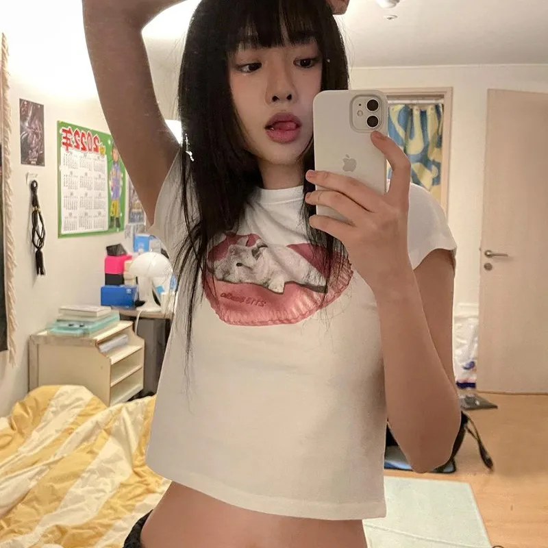 Karrram Koreaanse Fashion Rabbit Print Crop Top Kpop Kawaii Korte Mouw T-shirt Fairycore Leuke Bunny Tee Shirt Zoete Streetwear