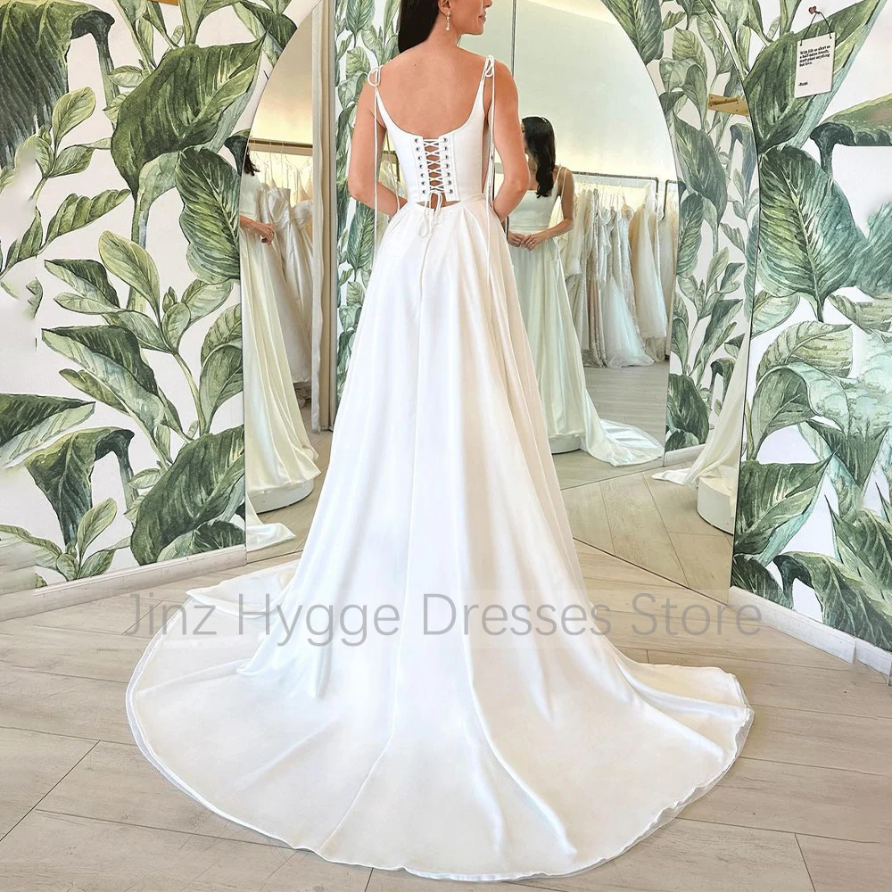 Beach Wedding Dress for Bride Spaghetti Straps A Line Illusion Wedding Gowns White Satin Lace-up Pockets Elegant Bridal Dresses