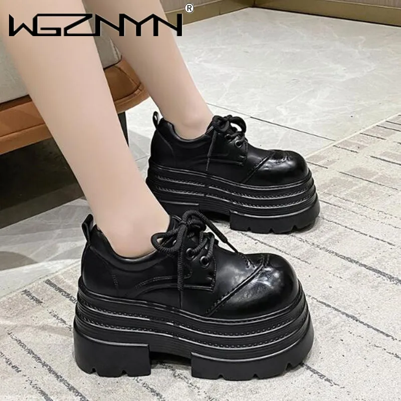 Women's Leather Sneakers New 2025 Spring High Platform Lace-up Casual Shoes Thick Sole 10CM Heels Walking Shoes Zapatos Mujer