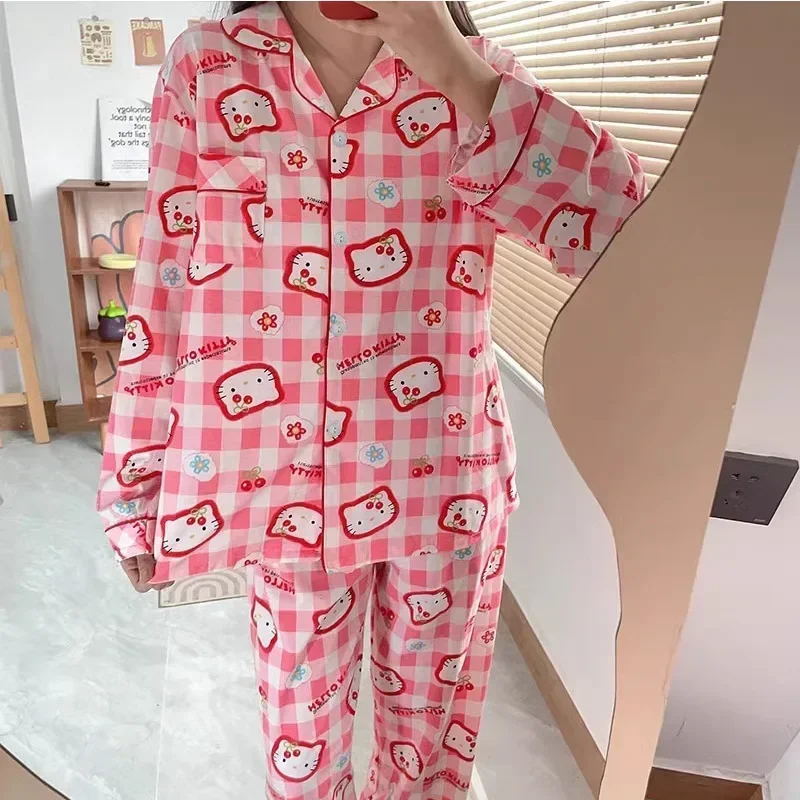 Sanrio Hello Kitty autumn pure cotton new long-sleeved trousers casual women\'s pajamas silk pajamas women\'s loungewear set