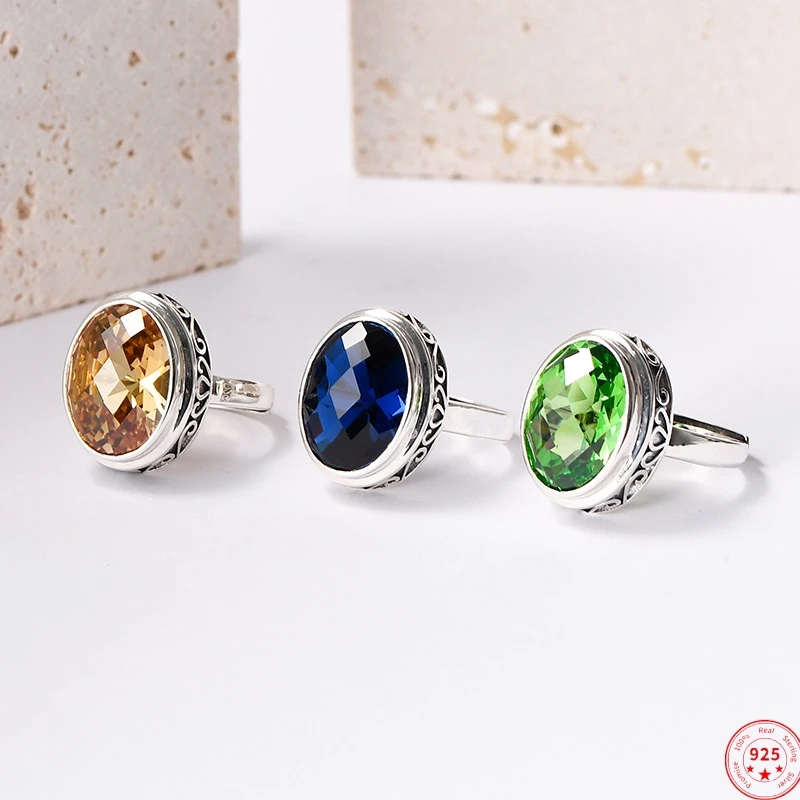 

S925 Sterling Silver Charms Rings for Women Men New Fashion Ancient Pattern Tangent Plane Colors Zircon Punk Jewelry