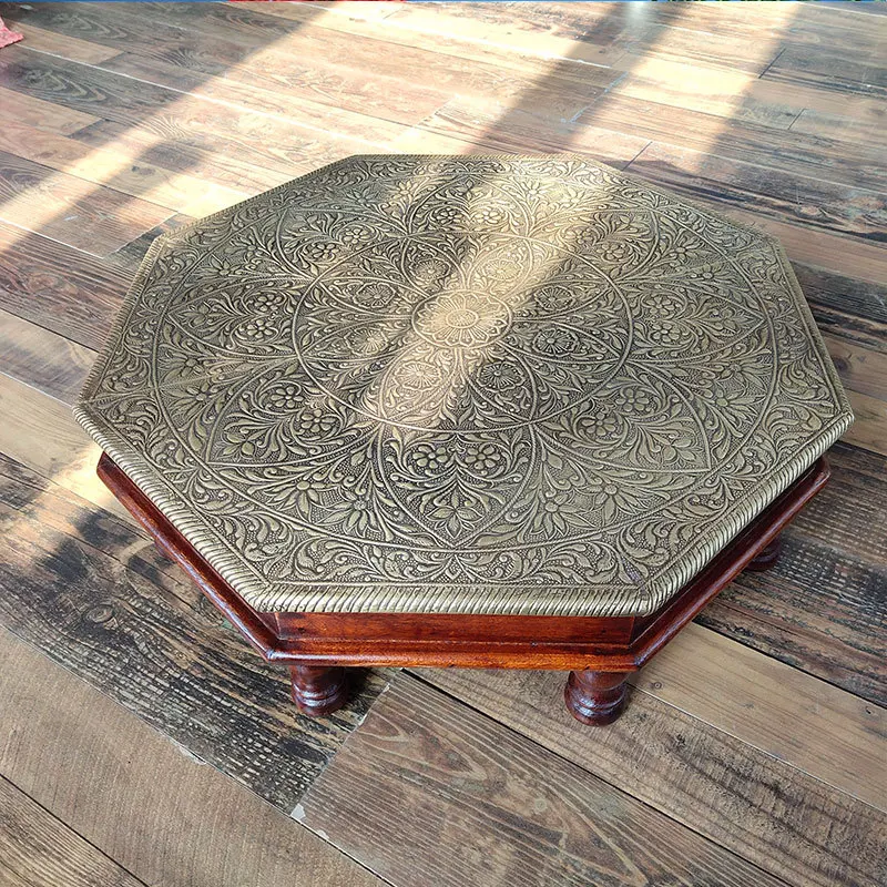 Solid wood coffee table, Indian handmade copper wrapped, American style artistic low tea table, retro bay window