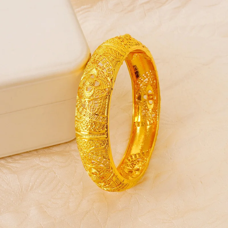 

Luxury 100% Real 24K Gold Hollow Out Open Bangle For Women, Fashionable Lightweight Bracelet High-End Sense