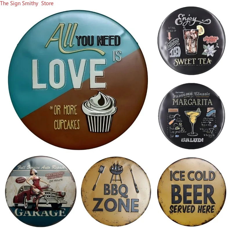 Sports team round emblems, athletic wall decor, spirited metal plaques for sports bars, gym cafes, game rooms.