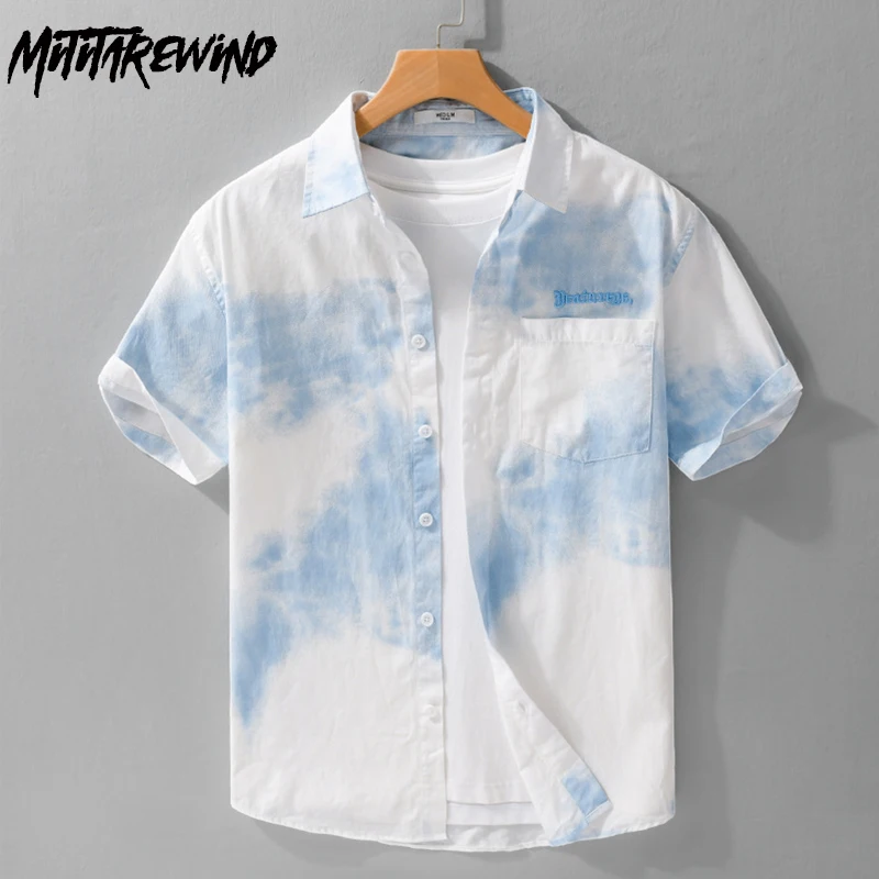 

2025 Summer New in Shirts for Man Korean Fashion Gradient Printed Shirts Male Beach Tops Casual Pure Cotton Short Sleeve Shirt