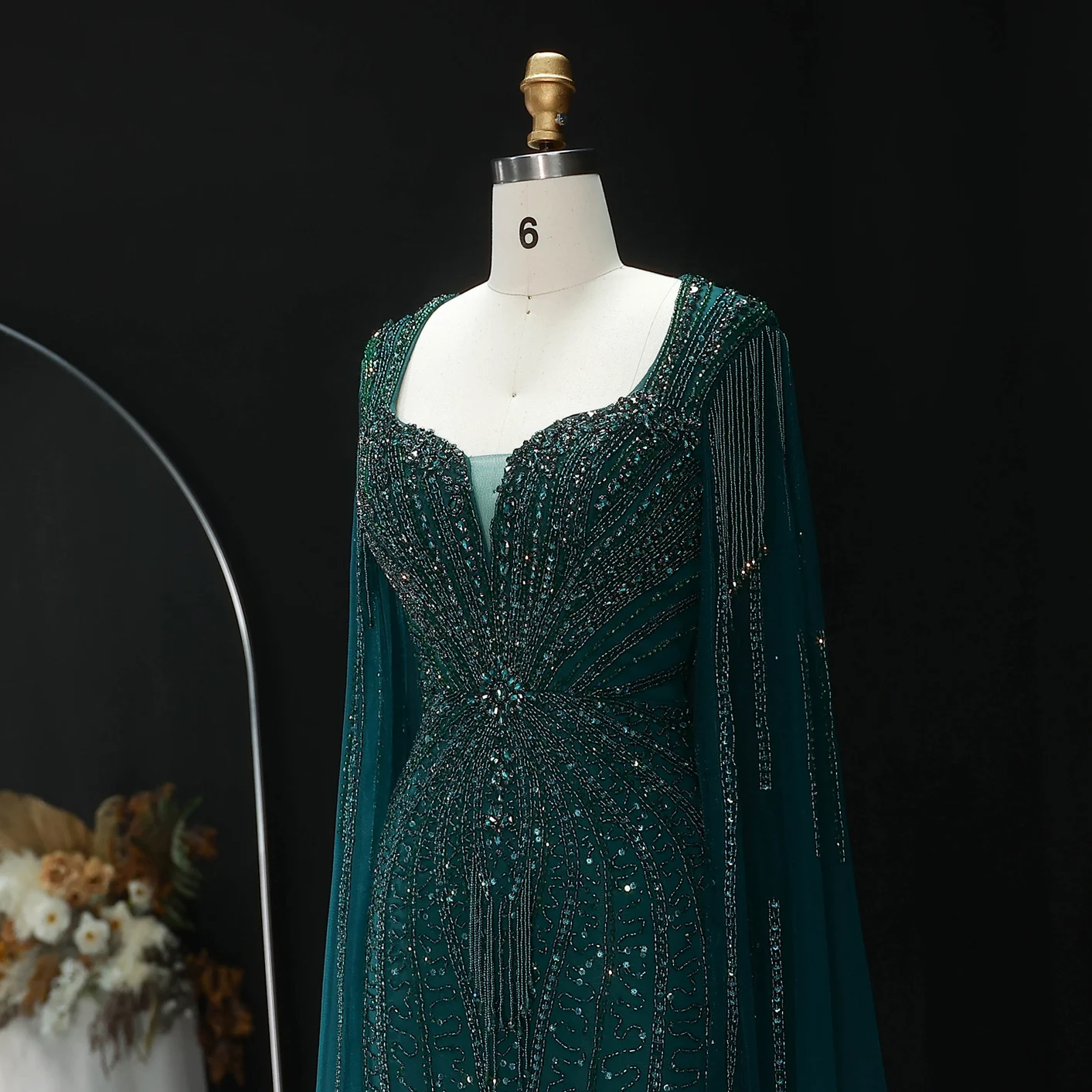 Sharon Said Dubai Luxuriöses Champagner-Meerjungfrauenkleid mit Cape-Ärmeln für Damen, Hochzeitsfeier, Ballkleider SS024, Maßanfertigung – Detail 16