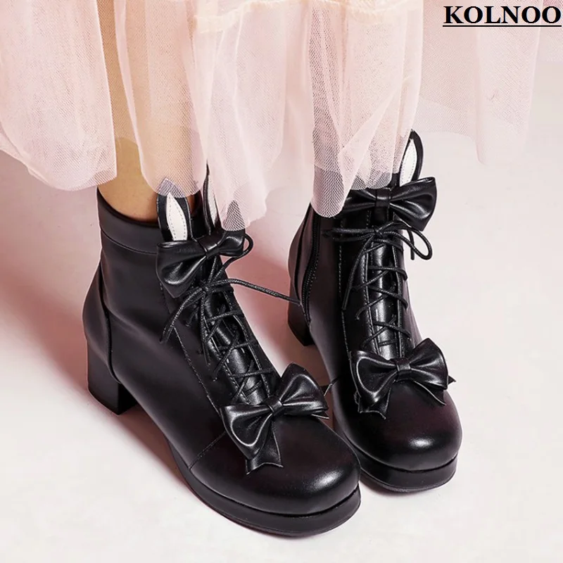 

Kolnoo Handmade New Arrival Womens Midheels Boots Butterfly-knot Crisscross Shoelace Ankle Booties Evening Fashion Winter Shoes