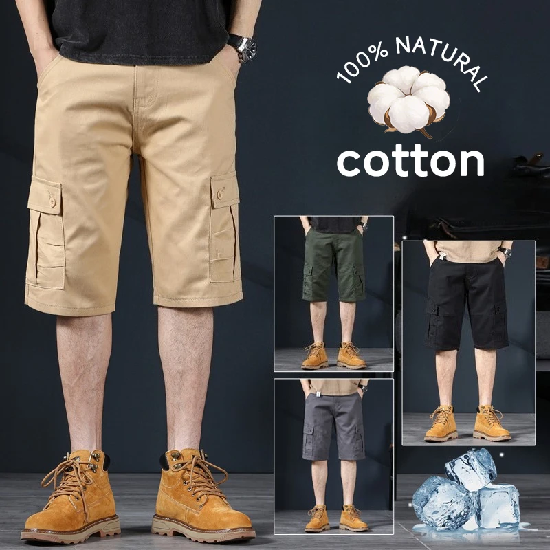 Summer Men's Cotton Cargo Shorts Thin Multi-Pocket Breathable Baggy Straight Khaki Work Casual Knee Bermuda Twill Shorts Male