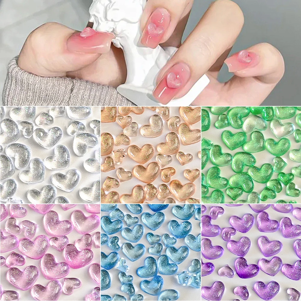 Breloques en forme de cœur en résine pour les ongles, décorations scintillantes pour nail art, artisanat, bricolage, bijoux de manucure, jour de Léon, clair Kawaii, 100 pièces